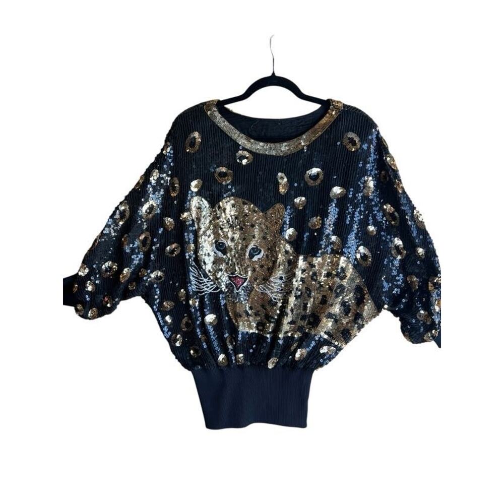 Blue Eyed Leopard Fully Sequins Embellished Silk Top Spotted Cheetah Batwing O/S
